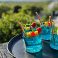 zwei blaue Cocktails, die auf einem Tablett stehen. Im Hintergrund sind Bäume und die Ostsee zu sehen