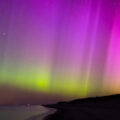 Leuchtende Nordlichter in Violett und Grün am sternenklaren Himmel über der Ostsee in Ahrenshoop.