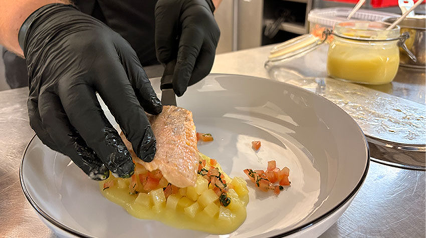 Anrichten eines Saiblings im SEASIDE des THE GRAND Ahrenshoop mit Gemüsewürfeln, Kräutern und cremigem Püree.