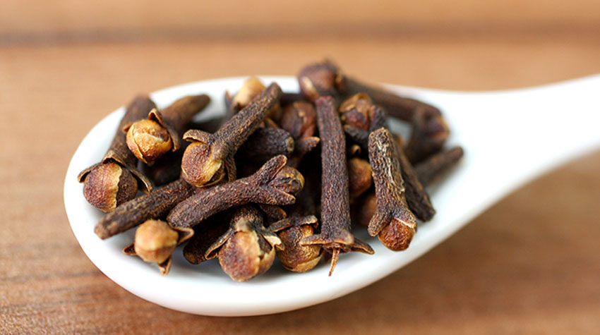 Getrocknete Gewürznelken auf einem weißen Löffel in Nahaufnahme.